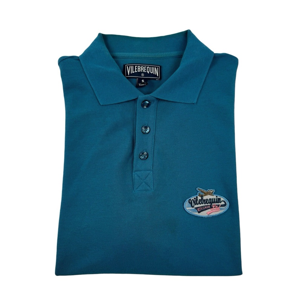 Vilebrequin Blue Spellout Patch Mens Cotton Polo Shirt Size Small